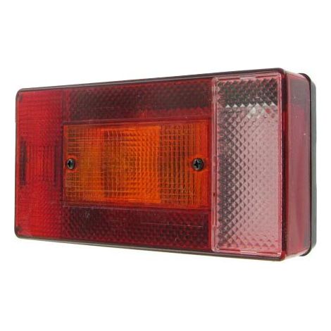Oc-Pro – Feu arrière droit 5 fonctions rectangulaire – Feu de position, clignotant, stop, recul – Dimensions 190x100x52mm – Entraxe 55mm – Ampoules P21W
