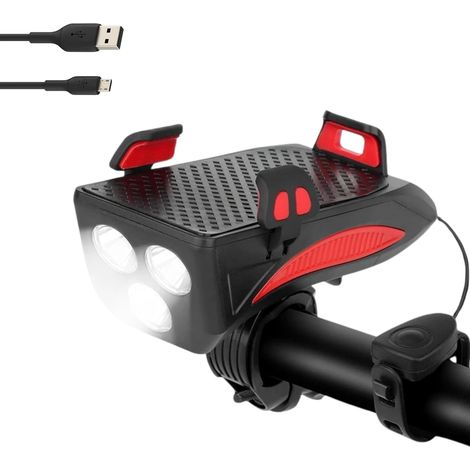 Lumière Vélo Trottinette LED Rechargeable USB avec Klaxon, Support et Chargeur Smartphone, Eclairage Puissant 400 Lumens, Batterie 4000 mah, Accessoire Phare Avant, Lampe Etanche VTT Cycliste (1/5)