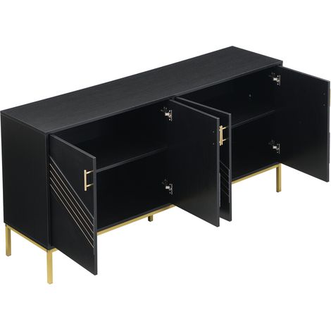 Aparador moderno de 4 puertas en MDF negro con tiradores y patas de metal dorado, 160 x 40 x 80,5 cm (1/5)