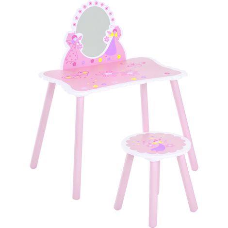 HOOMCOM Girls Kids Pink Dressing Table Make Up Play Set Desk Chair Mirror Wooden (1/5)