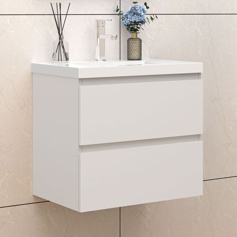 Badezimmer Badmöbel-Set 60cm Unterschrank mit keramik dick waschtisch 2 Schubladen Weiß Matt soft close Selbstmontierter (1/5)
