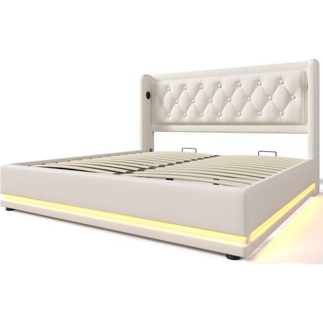 Cama individual tapizada de 160x200 cm, canapé hidráulico de PU blanco, cabecero con iluminación LED y puerto de carga USB Tipo C, apta para adolescentes y adultos (colchón incluido). (1/5)