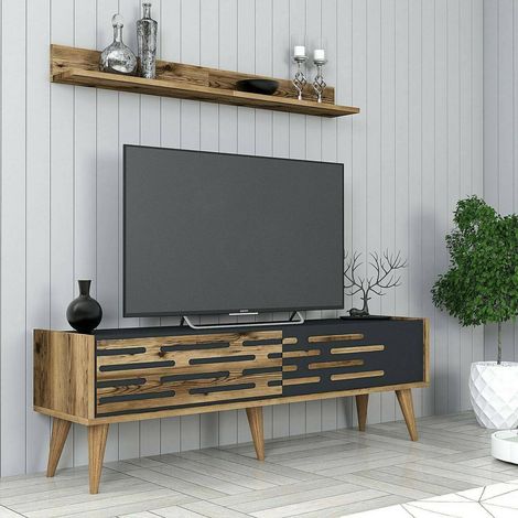 Dmora - Mueble de televisión Achernar, Aparador de salón, Mueble bajo para TV, Base de pared equipada, 140x45h35 cm, Nogal y Antracita, con embalaje reforzado (1/5)