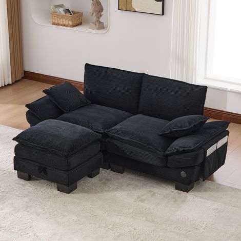 2-Sitzer Sofa mit Hocker 190x132x84 cm schwarz in Cord mit USB-C, Seitentaschen und Stauraum (1/5)