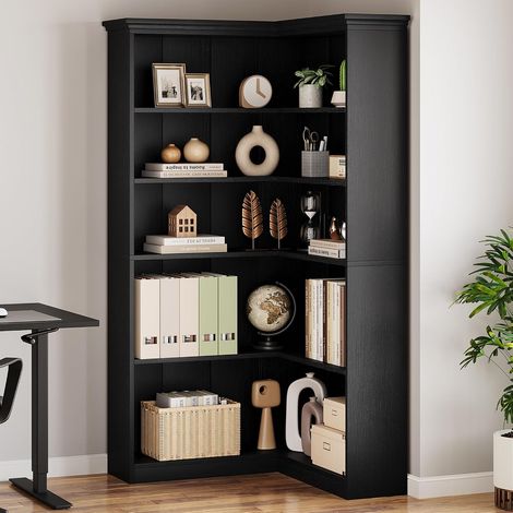 Bibliothèque d’angle L noire 185 cm style campagnard 5 niveaux panneau plein, rangement pour chambre et bureau (1/5)