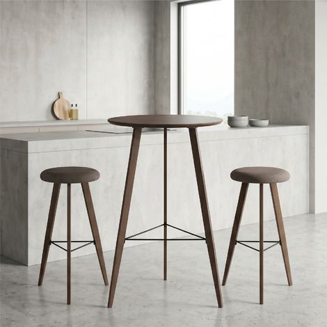 Conjunto de mesa alta con 2 taburetes OVID, tablero de MDF con revestimiento decorativo y estructura metálica efecto madera - MOG CASA (1/5)