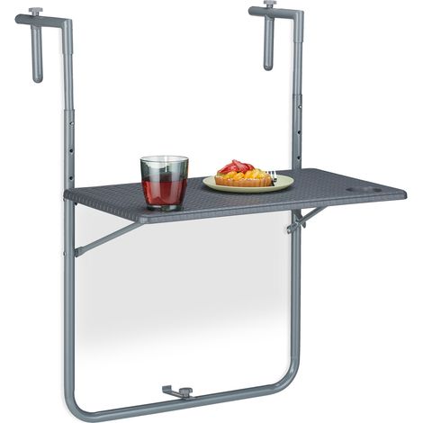 Relaxdays Balkonhängetisch klappbar, BxT: 59,5 x 60 cm, 3-fach höhenverstellbar, 2 Getränkehalter, Geländertisch, grau