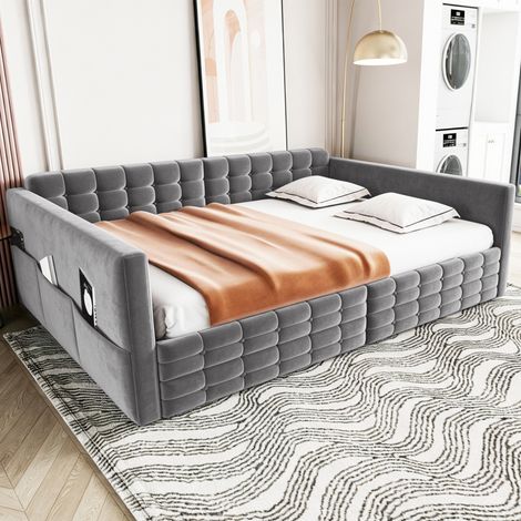 Lit/canapé-lit capitonné 140 x 190 cm, motif à carreaux classique, compartiments de rangement sur les côtés du lit, deux tiroirs sous le lit, convient comme lit d'appoint ou lit simple, tissu velours, (1/4)