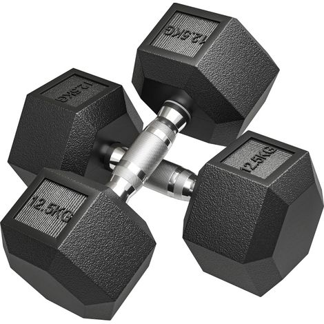 Haltères hexagonaux antiroulis 2 x 12,5 kg en métal avec poignée moletée, pour musculation à domicile, salle de sport et bureau, noir et polyvalents - CHICFURN (1/5)
