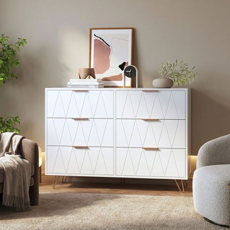 Commode 6 tiroirs, Scandinave Commode en forme de losange, panneau en placage, poigné et pied doré, MDF, 100x34x72.5cm, blanc (100x34x72.5 cm) (1/5)