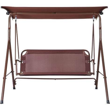 Mophorn 3-Personen-Terrassenschaukelstuhl,Outdoor-Schaukel mit verstellbarem Baldachin, Armlehnen, Teslin-Stoff und Rahmen aus legiertem Stahl, für Balkon, Hinterhof, Terrasse, Garten, Poolrand, Braun (1/5)