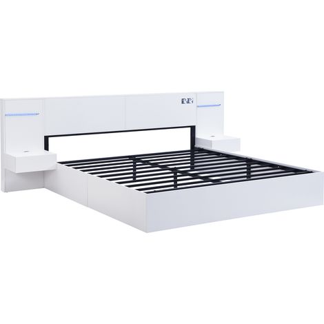 Cama doble 160 x 200 cm de MDF blanco con USB, reloj y Bluetooth (1/5)