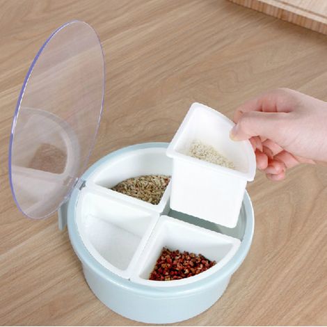 Boîte à épices ronde à 4 compartiments en plastique, bleu-gris, idéale pour ranger vos condiments de cuisine. (1/5)