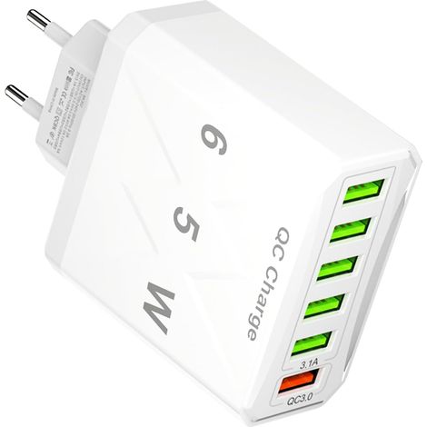 65W Chargeur USB Multiple, 6Ports Chargeur Rapideavec QC 3.0 Smart Charger,Prise USB Multiple,Multiprise 6 Prises,Multi Adaptateur pour 14/13/12/11/XS/X, Galaxy S23 S22 S21 (1/5)