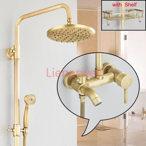 Ensemble de robinets de salle de bain et douche en laiton Antique, 8 pouces, support mural à double poignée, étagère de douche à main, systèmes chauds et froids, mélangeur système de douche de pluie (1/5)