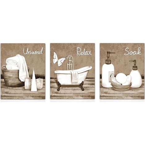 Bathroom Wall Decor Set, Canvas Pictures of Bathtub Prints and Spa Elements Beige and White 8x10 Inches Unframed (1/5)