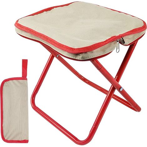 Tabouret Pliant, Chaise de Camping Pliable, Portable Siege de Peche, Petit Tabouret Pliable pour Activités de Plein Air pour Voyages, Randonnée, Jardin, Pêche, Barbecue, Plage (Kaki + Rouge) (1/5)