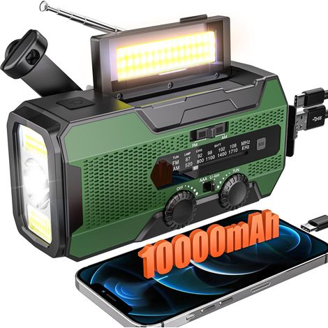 Radio Solaire à Manivelle, Radio Portable AM/FM 10000mAh, Radio d'urgence avec Lampe Torche LED, Lampe Lecture, Alarme SOS, Radio Survie Idéal pour Camping, Voyages,Urgence, Vert (1/5)