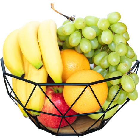 Corbeille à Fruits Multifonction 27x27x9.5 cm, Panier Aéré Bois et Métal pour Comptoir de Cuisine