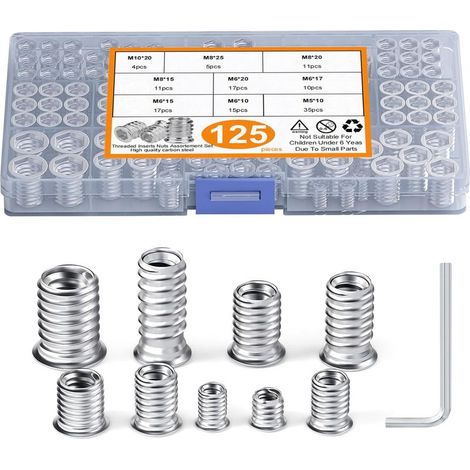Paquete de 125 insertos roscados M5, M6, M8, M10, 9 tipos diferentes de insertos roscados, insertos de tuerca hexagonal, tuercas remachables para muebles de madera, acero al carbono ruthex (1/5)