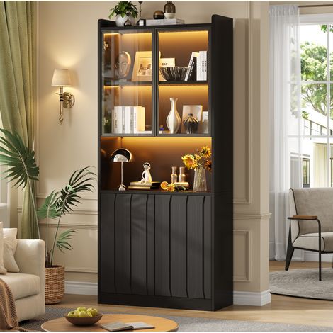 Vitrine avec LED Bluetooth, 4 portes et rangements, verre trempé, panneau de particules noir, 80x35x200 cm (1/5)