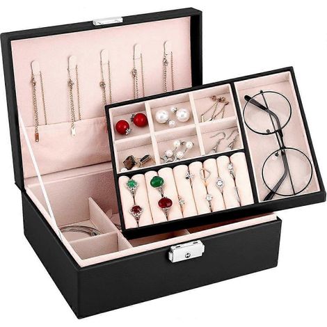 Schmuckaufbewahrungsbox, abschließbare Schmuckbox mit 2 Fächern, weichem Samt-Innenfutter, zur Präsentation von Ringen, Ohrringen, Halsketten und Armbändern, ideales Geschenk für Frauen. (1/5)