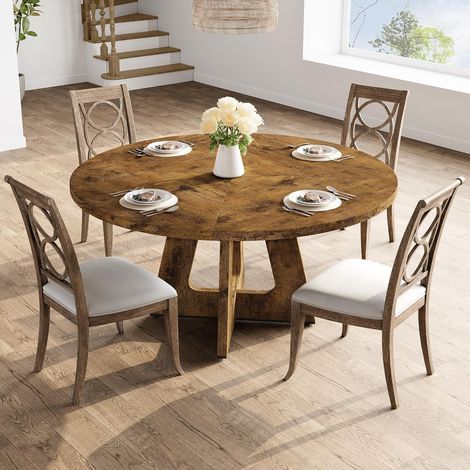 GARVEE - Table à Manger Ronde 120 cm Bois MDF, Table de Cuisine Rustique 4-6 Personnes avec Pieds Réglables, Salle à Manger Moderne(Marron) (1/5)