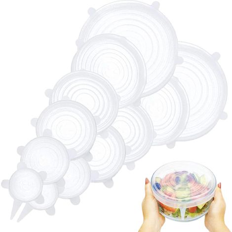 Lot de 12 couvercles alimentaires en silicone, adaptables, élastiques, extensibles, réutilisables, lavables au lave-vaisselle, film Charlotte, protège (1/5)