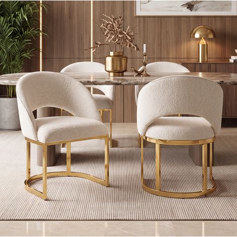 Set di 4 sedie da pranzo, in bouclé, schienale curvo, gambe in metallo galvanizzato, beige e oro (1/5)