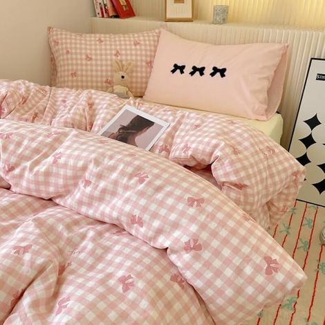 Housse de Couette 220x240 à Carreaux Vichy et Noeud Papillon Rose (1/5)