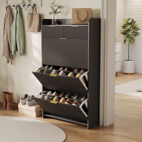 Schuhschrank - 3 Klappen 2 Schubladen - Schwarz - Hochwertige MDF - Moderner Skandinavischer Stil