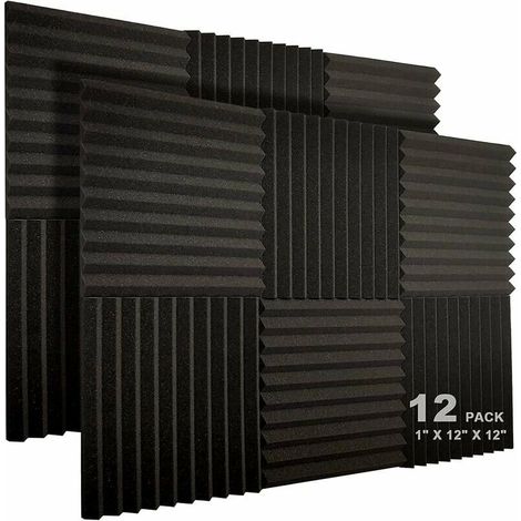 VURAHOME - Lot de 12 Panneaux de Mousse Acoustique, 2,5 x 30,5 x 30,5 cm Studio Insonorisé en Forme de Coin Ignifuge Insonorisant Liner Mousse de Traitement Acoustique (Noir) (1/5)