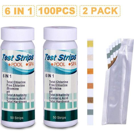 Bandelettes de Test pour Piscine,6 en 1 Bandelette Test Qualité d'eau,Kit de Bandelettes de Test pour PH, Chlore Total, Chlore Libre, Alcali Total, Dureté Totale, Acide Cyanurique (100PCS) (1/5)