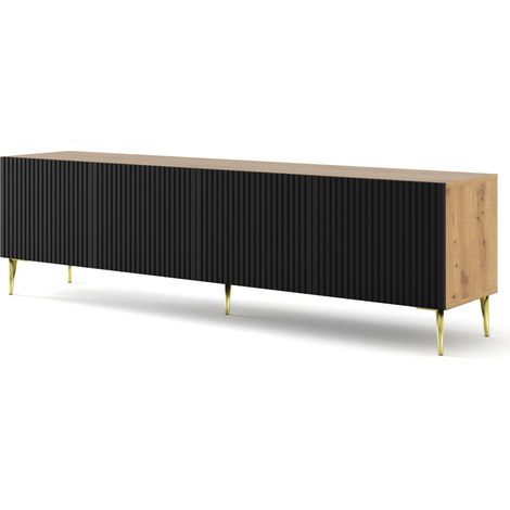 MOBILE RAVENNA B PORTA TV IN MDF RIVESTITO IN LEGNO 4D 200 GAMBE IN ROVERE ARTIGIANALE NERO OPACO ORO