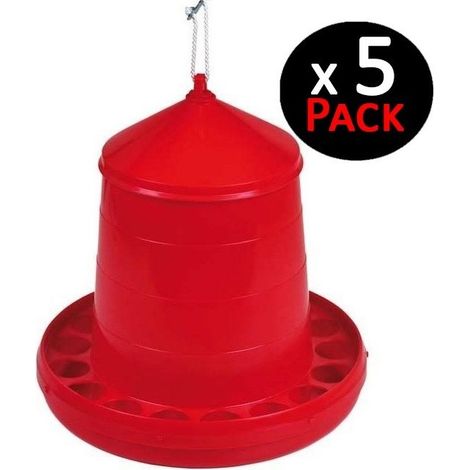 Set di 5 Mangiatoie per Uccelli e Galline Capacità 8 kg 38x38x60 cm Plastica Resistente Colore Rosso
