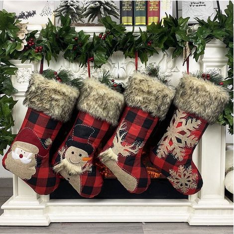 Chaussette De Noël - En Lin Et Molleton - 46,5 X 21 Cm - Pour Décoration De Cheminée Ou Arbre De Noël - Lot De 1 (1/5)
