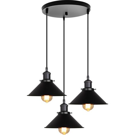 Lustre Suspension 3 Lumières Abat-jour Plafonnier Industrial E27 pour Chambre Bar Tout Noir