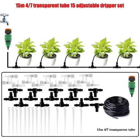 Kit d'irrigation goutte à goutte pour plantes en pot (tuyau de 15 mètres, 15 régulateurs), tuyau de 4/7 mm (1/5)