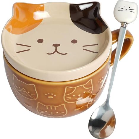 Niedlicher Katzen-Keramikbecher, 300 ml Keramikbecher mit Deckel, Kaffeetassen-Set, Keramik-Frühstücksbecher, Geschenkidee für Mädchen, Sohn, Freunde und Familie – Braun (1/5)