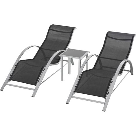 Gartenliegen und Glastisch, Sonnenliege mit atmungsaktivem Stoff, 59 x 169 x 66 cm, Schwarz und Grau