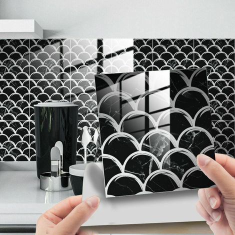 25 pièces/ensemble 15 x 15 cm écailles de poisson noir et blanc motif écailles de poisson autocollants pour carrelage pour cuisine et salle de bain, T-Audace (1/5)