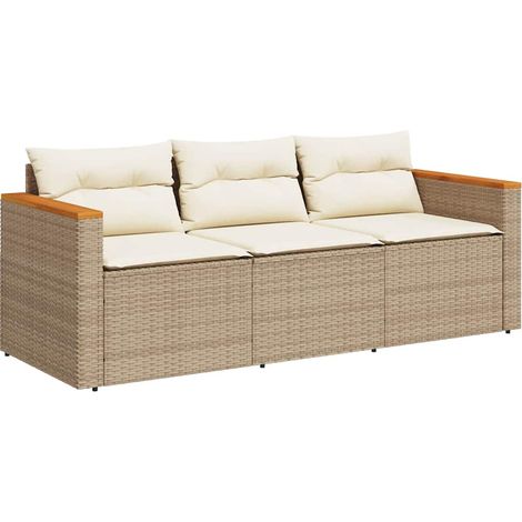 vidaXL Garden Sofa with Cushions 3-Seater Beige Poly Rattan (1/4)