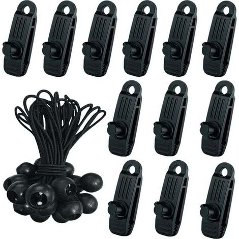 24 Pcs Clip de Tente Bâche avec 12x Pince pour bache et 12x Tendeur Corde Elastique, Pince a oeillet pour bache Camping Accessoires pour Tentes, bache Piscine, Bâches, Auvents, Gazebos Tente- (1/5)