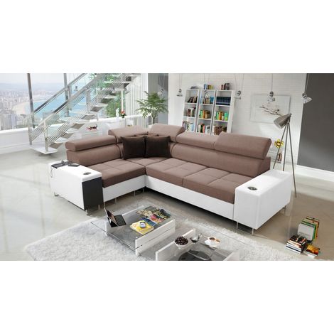 Elegantes Ecksofa mit Konsole und Ladegerät MORENA II Kunstleder/Sawana Weiß/Braun Links (1/5)