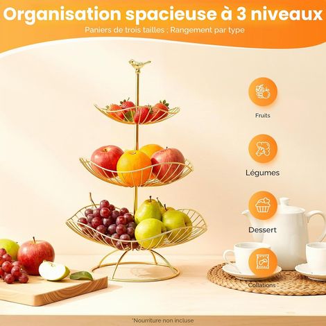 Corbeille à fruits à 3 étages en métal - Gain de place - Pour gâteaux, légumes, fruits, collations (1/5)