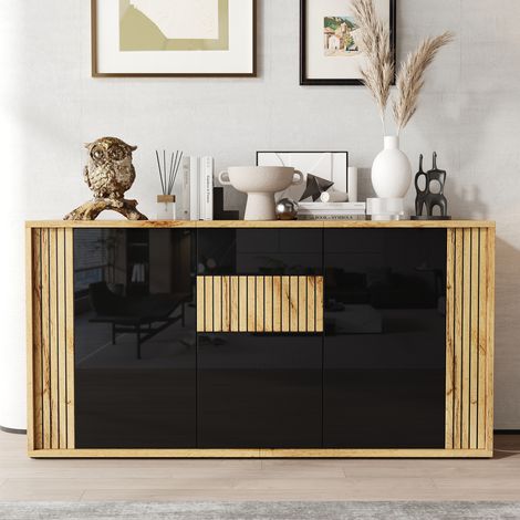 Buffet moderne 140×35×71cm, meuble de rangement à 3 portes avec compartiments, motif ondulé, finition laquée brillante, capacité de charge jusqu'à 60 kg, idéal pour le salon, la salle à manger ou l'en (1/5)