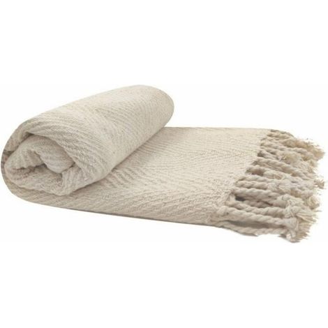 Jeté de Lit, Plaid 100% Coton 130 x 240 cm avec Franges Jacquard Motif Chevrons Ton sur Ton Blanc Crème (1/5)
