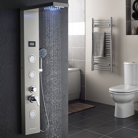AuraLum Panneau de Douche Colonne de Douche Hydromassante LED Panneau de Douche en Acier Inox Brossé avec 3 Jets de Massage pour Salle de bain (1/6)