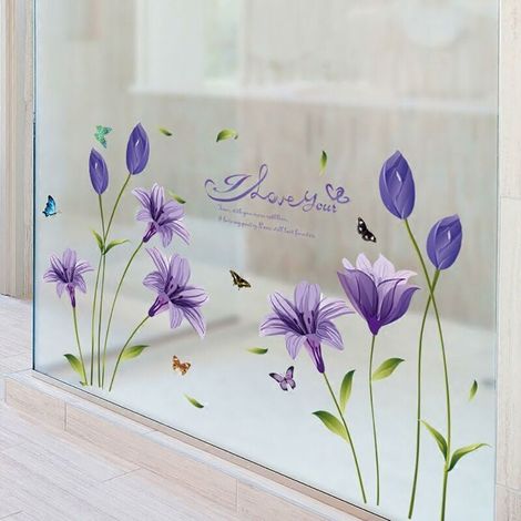 Purple Wall Decal (160 x 85 cm) Lily, Plant, Butterfly, Branch Self-adhesive wall decal for living room, children's room, kitchen tiles, teen's room, adults (1/5)