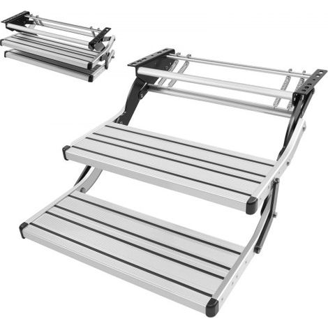 Escalón para Autocaravana Manual de 2 Peldaños, Escalera Plegable Retráctil Carga de 199,58 kg, con Estructura de Acero y Escalones de Aleación de Aluminio, para Caravana, Remolque de Viaje